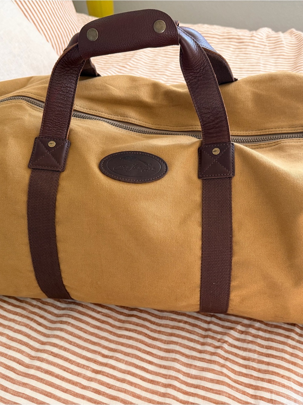 Men's Tan Canvas Duffel with Dark Brown Leather Accents